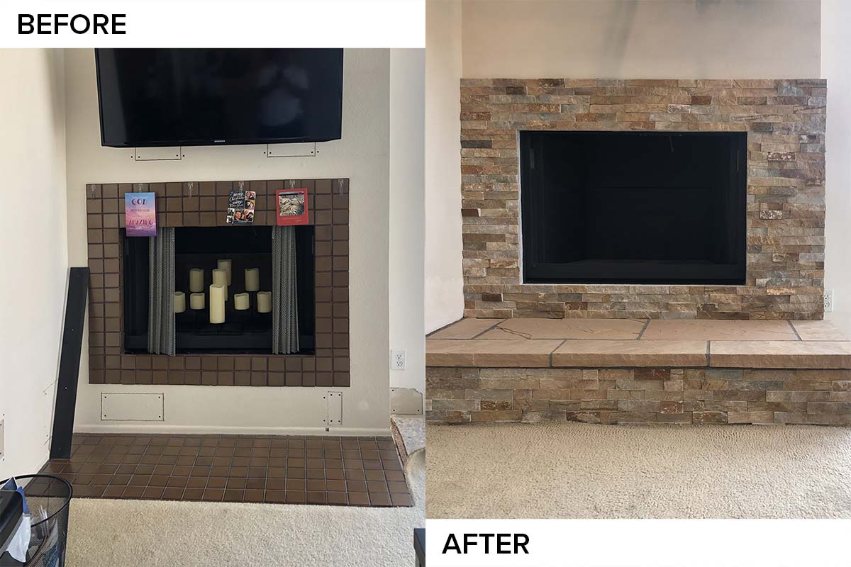 Before and after: a dated tile fireplace refaced in stacked stone