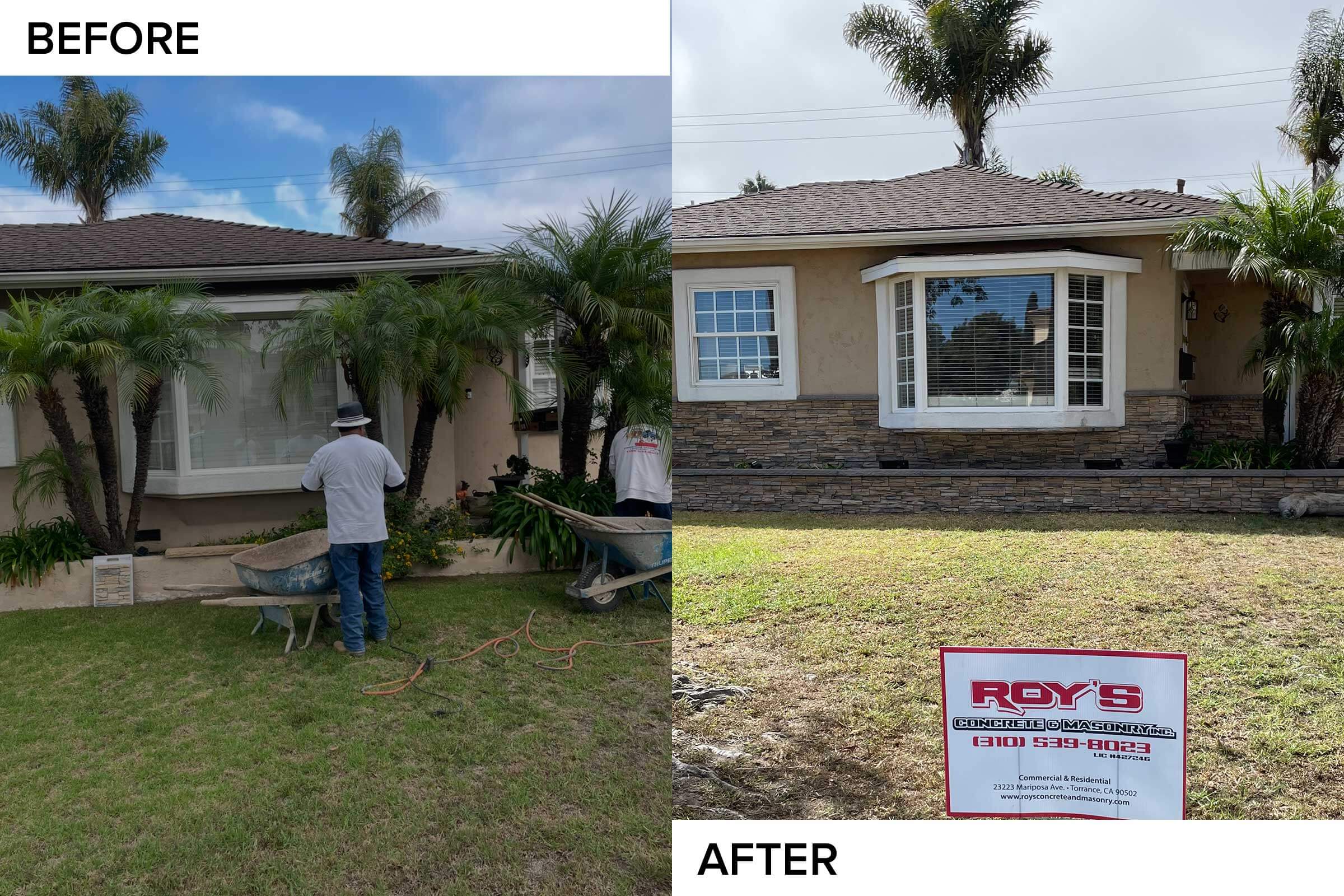 Before and after: a stucco house front with new ledger stone veneer added to the lower walls and planter
