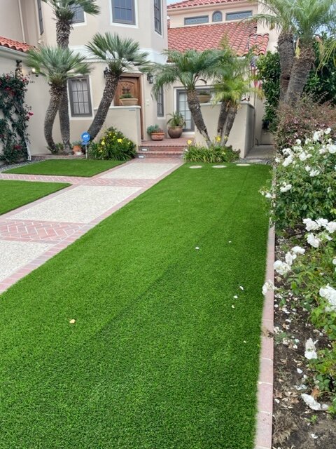 Exposed aggregate walkway with brick borders running between panels of turf to a front entry