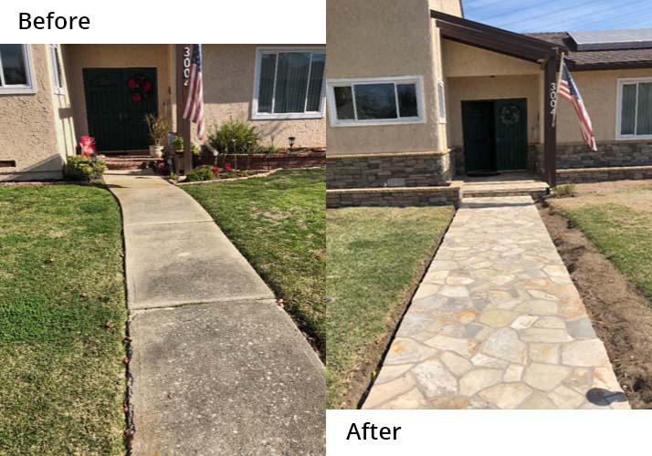Before and after: a narrow cracked concrete walkway replaced with a wider natural flagstone walk and a stone-faced entry