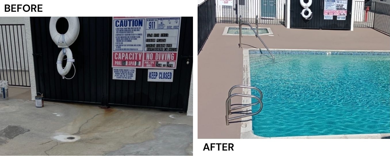 Before and after of a commercial pool deck resurfacing project