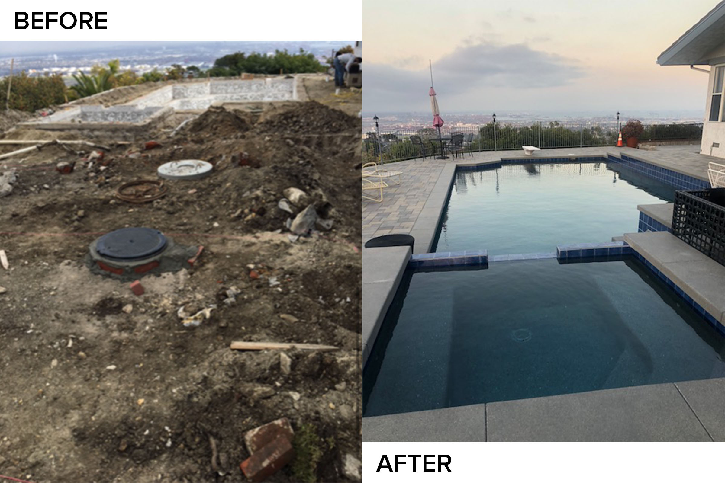 Before and after: a torn-up dirt yard transformed into a finished pool, raised spa, and new deck at dusk
