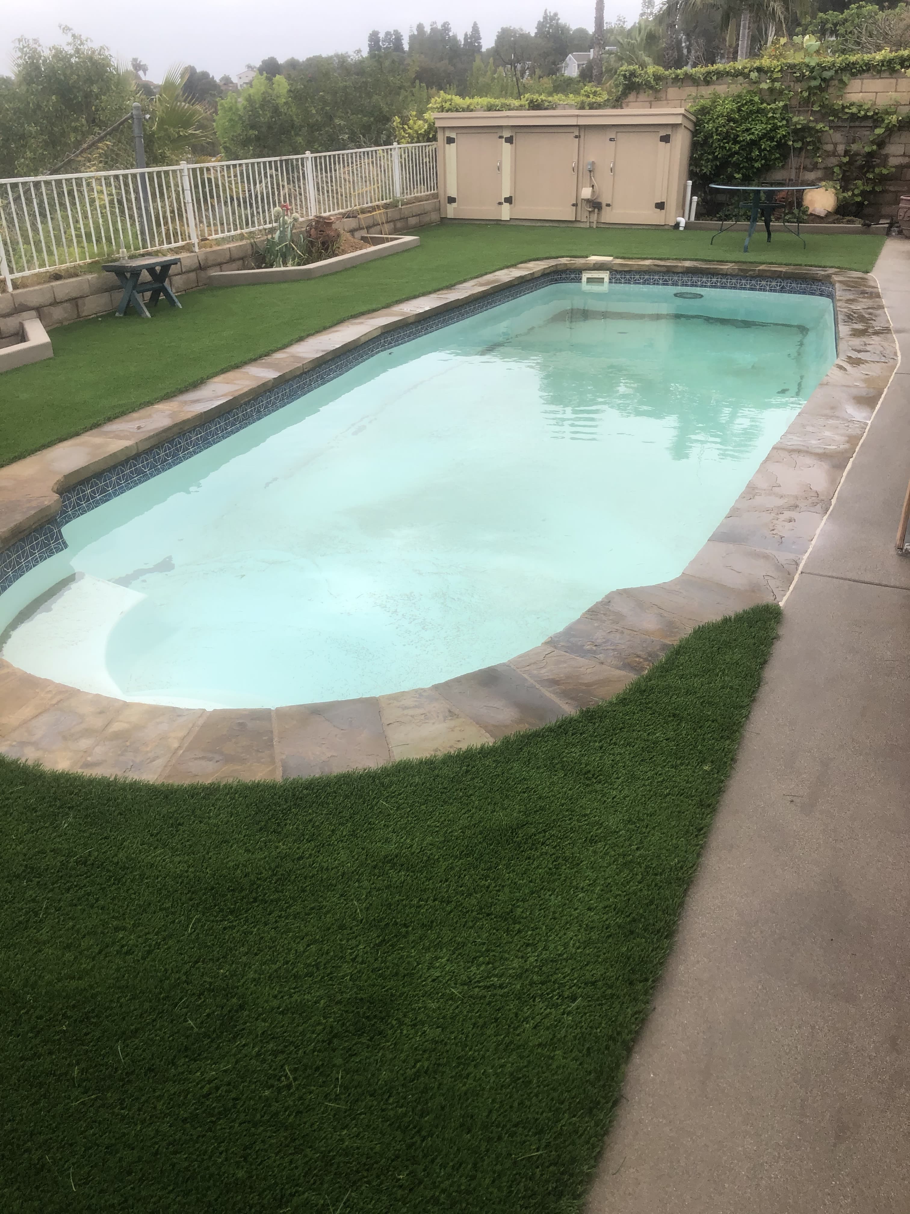 Kidney-shaped pool with natural stone coping, turf on one side and a concrete deck on the other