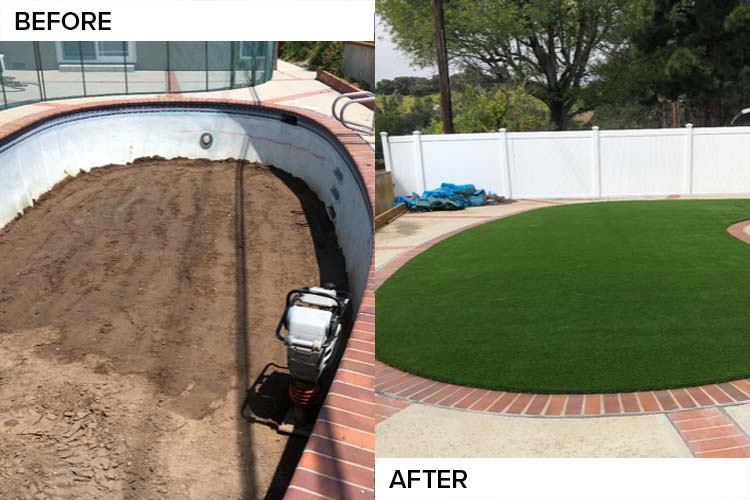 Before and after: a swimming pool filled with compacted earth, then converted into a circular putting green with a brick border