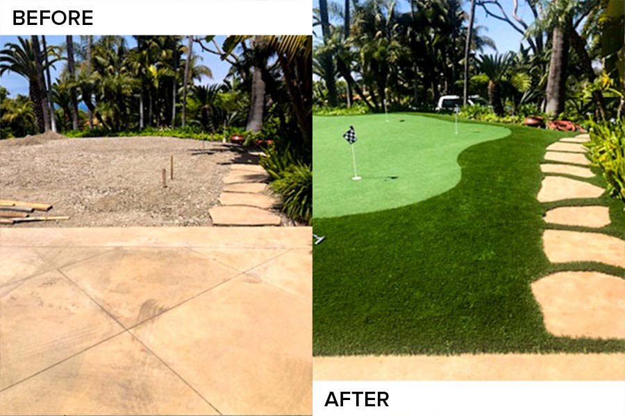 Before and after: a compacted base pad with flagstone steppers, then a finished putting green winding along the stepper path