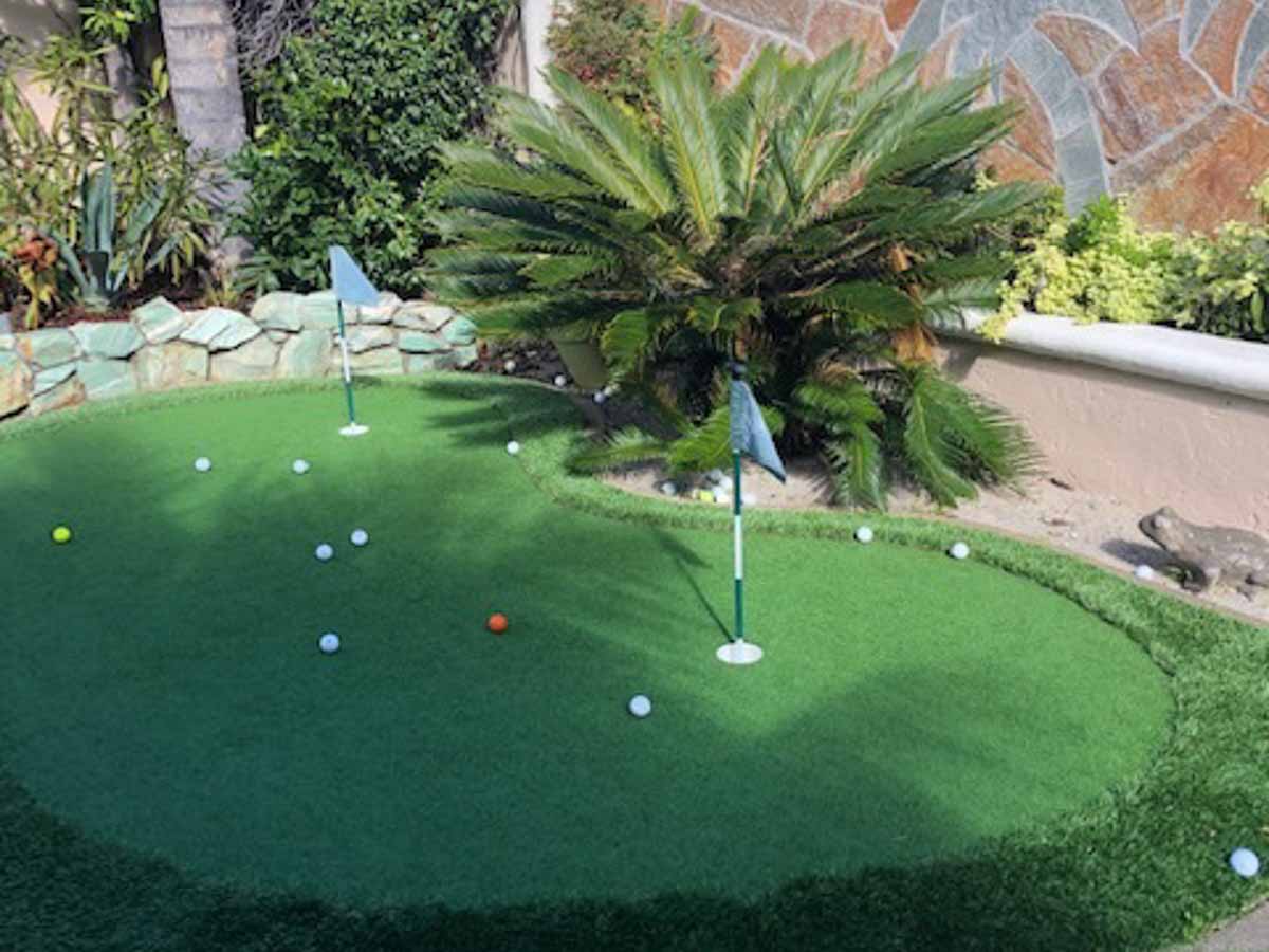 Small putting green wrapping around a stone-capped planter with a sago palm, golf balls scattered on the turf