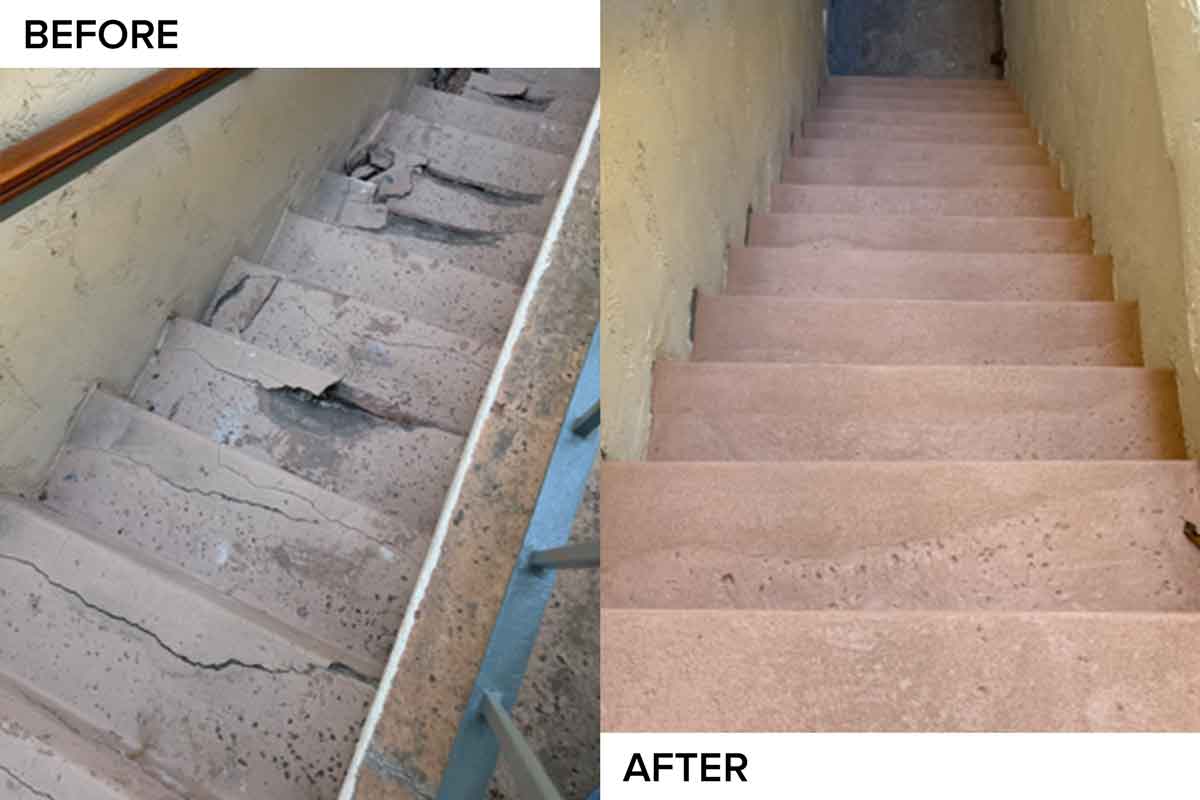 Before and after: crumbling concrete stair treads rebuilt and resurfaced smooth