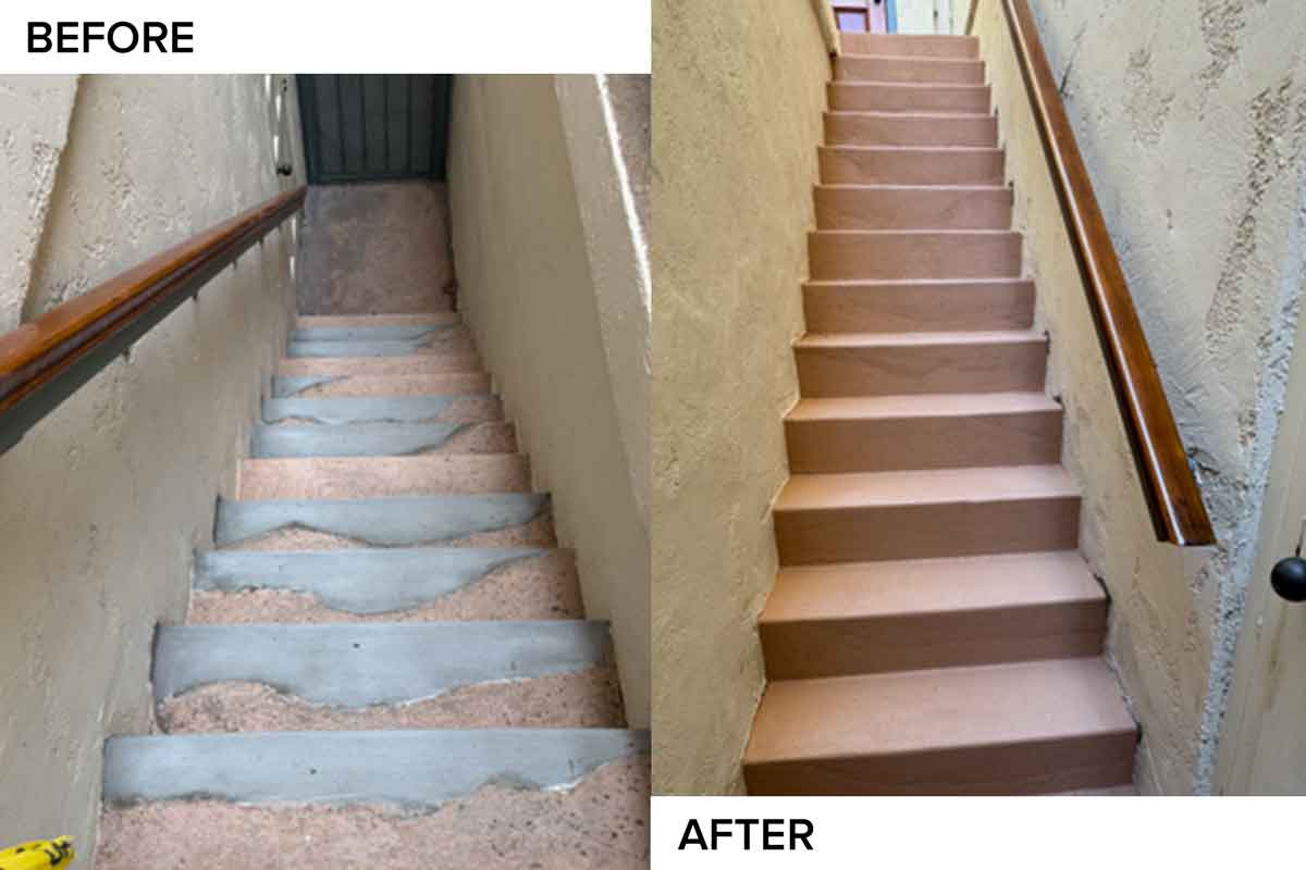 Before and after: patched, uneven concrete steps resurfaced into a clean uniform staircase